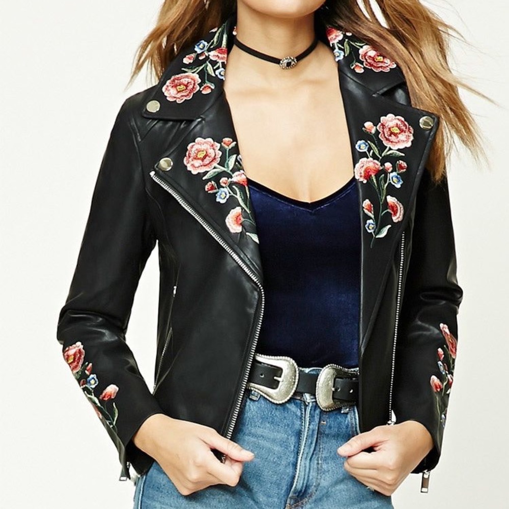 Forever 21 Embroidered Faux Leather Jacket